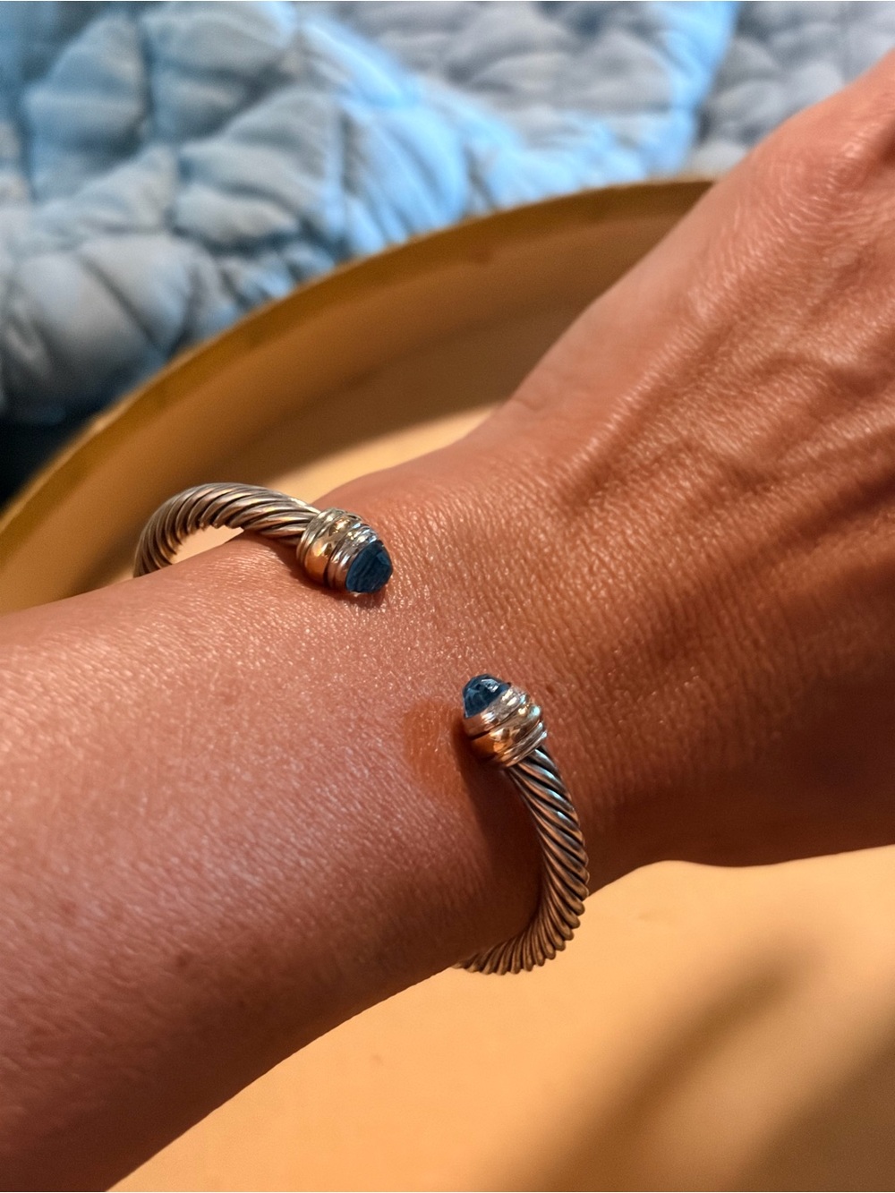 David Yurman Sterling Silver and 14K Yellow Gold Bracelet with Blue Topaz